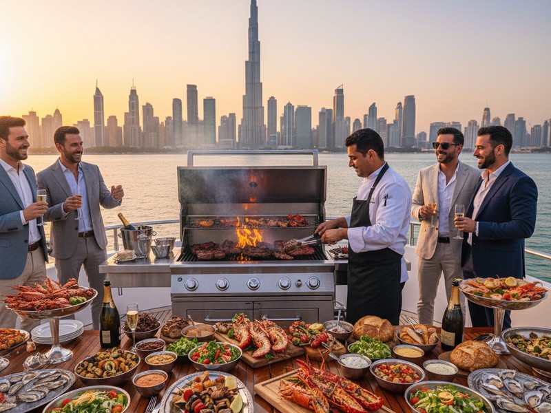 Live BBQ auf Yacht Deck Dubai Junggesellenabschied Wagyu Hummer