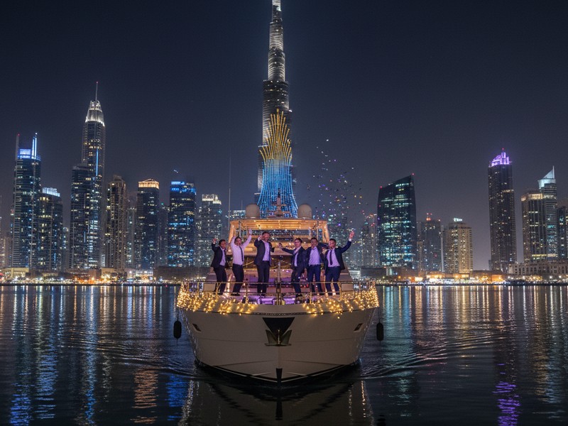 Yacht Nachtcharter Dubai Skyline Junggesellenabschied Abend