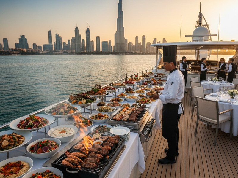 Gourmet catering live BBQ yacht Dubai chef meals buffet halal
