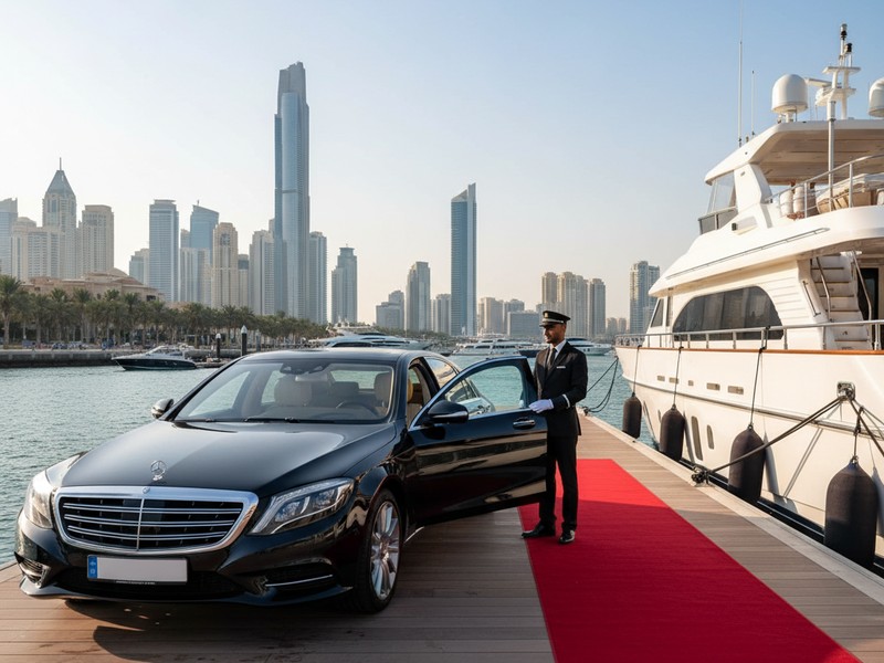 Luxury transportation yacht Dubai Mercedes S-Class Range Rover chauffeur pickup