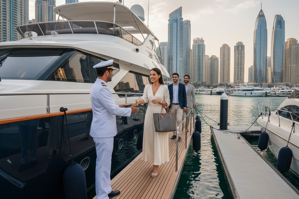 Guest receiving welcome aboard yacht rental in Dubai
