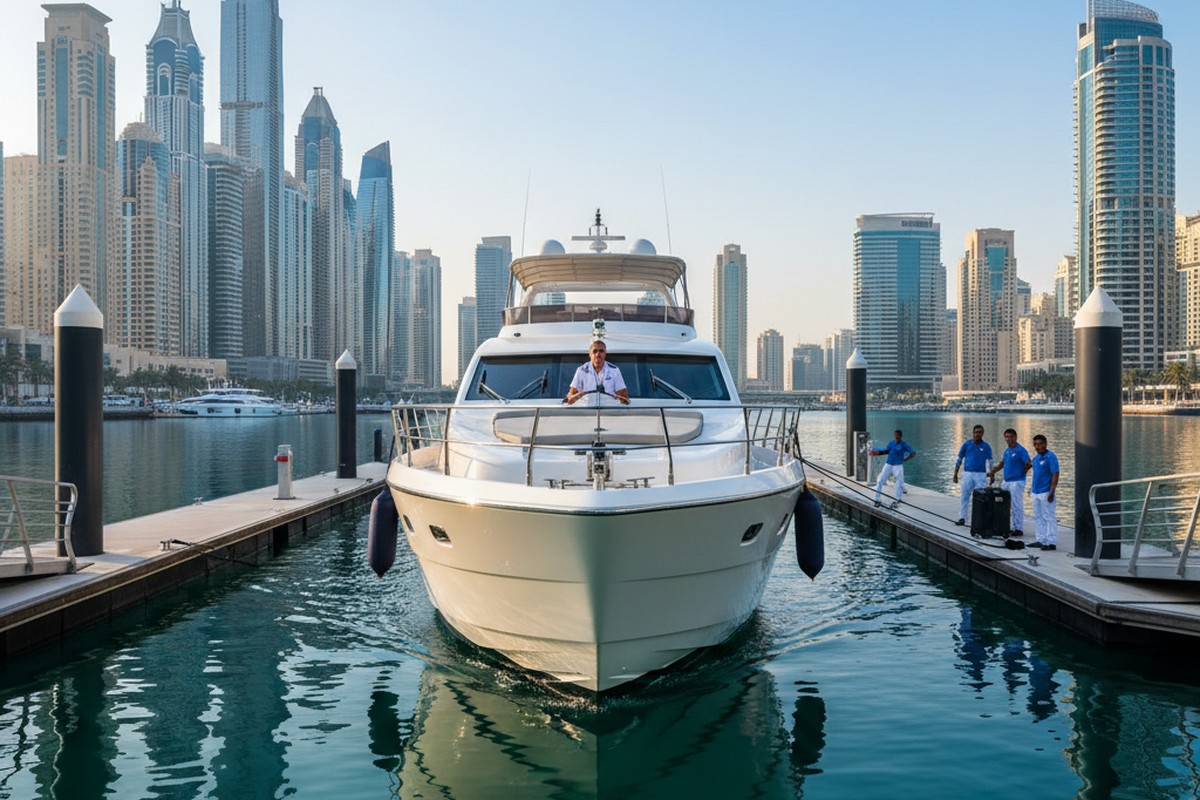 Yacht departing from Dubai Marina rental dock