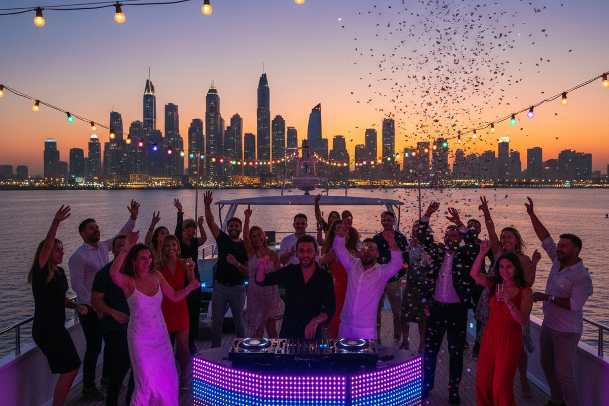 Yacht party celebration with guests enjoying Dubai sunset cruise