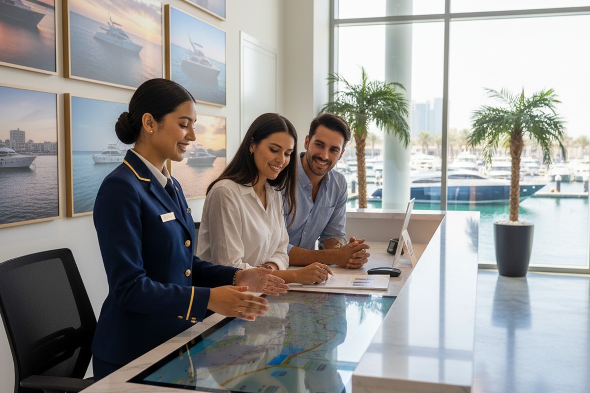 Professional yacht company staff assisting customers