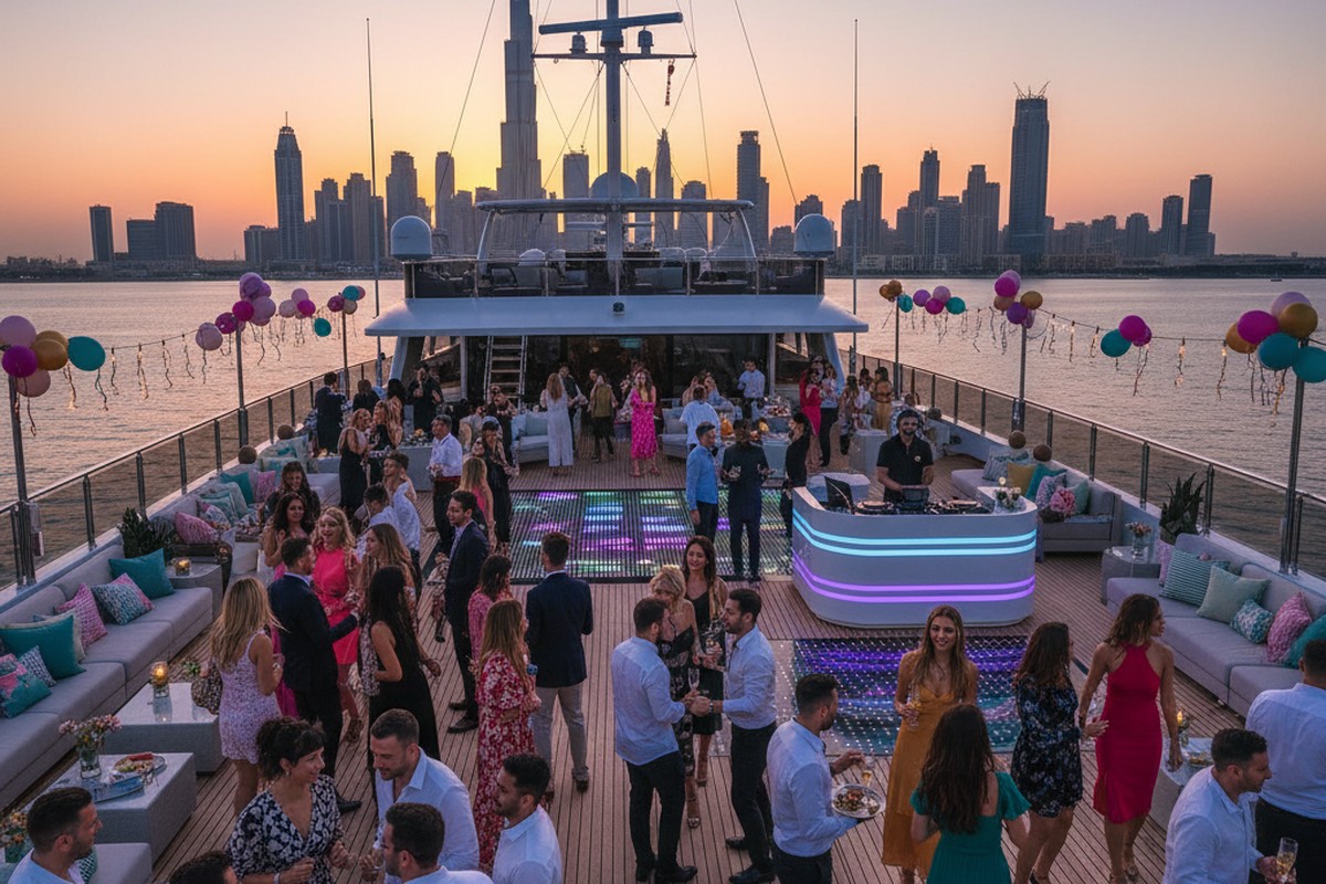 Party yacht setup with DJ and celebrations