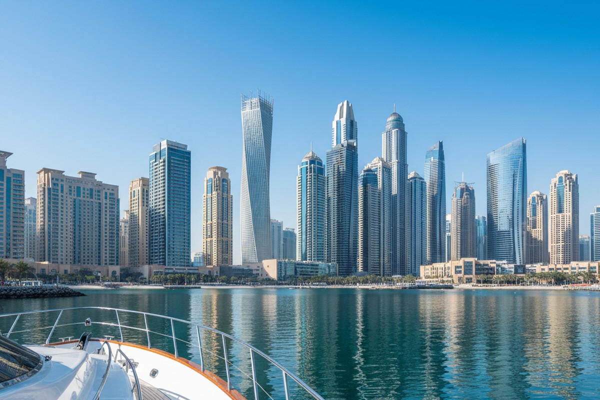 Atemberaubende Aussicht auf die Skyline von Dubai Marina von der Yacht