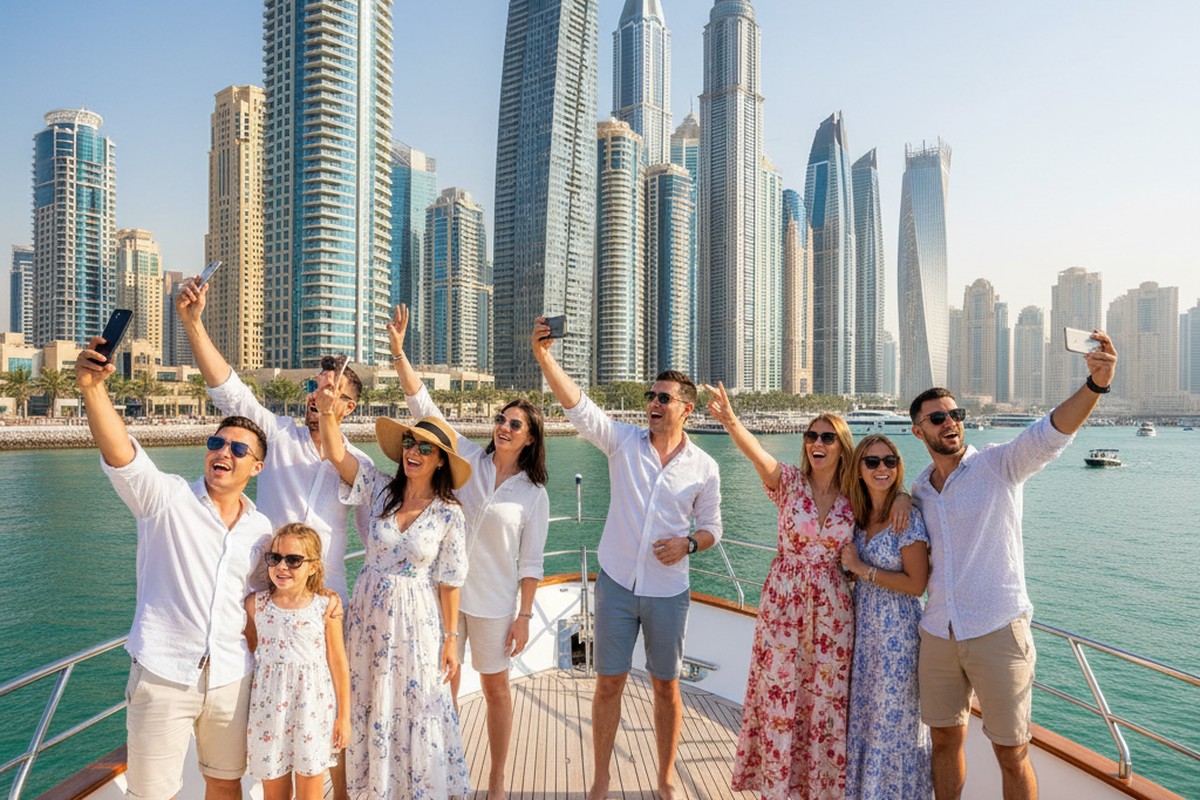 Yacht-Sightseeing-Tour, die an Dubais Wahrzeichen vorbeifährt
