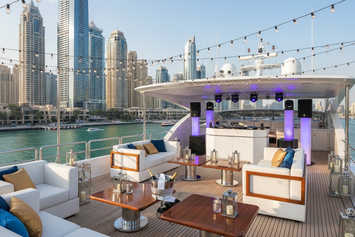 Geräumiges Yachtdeck für Party mit Blick auf Dubai Marina