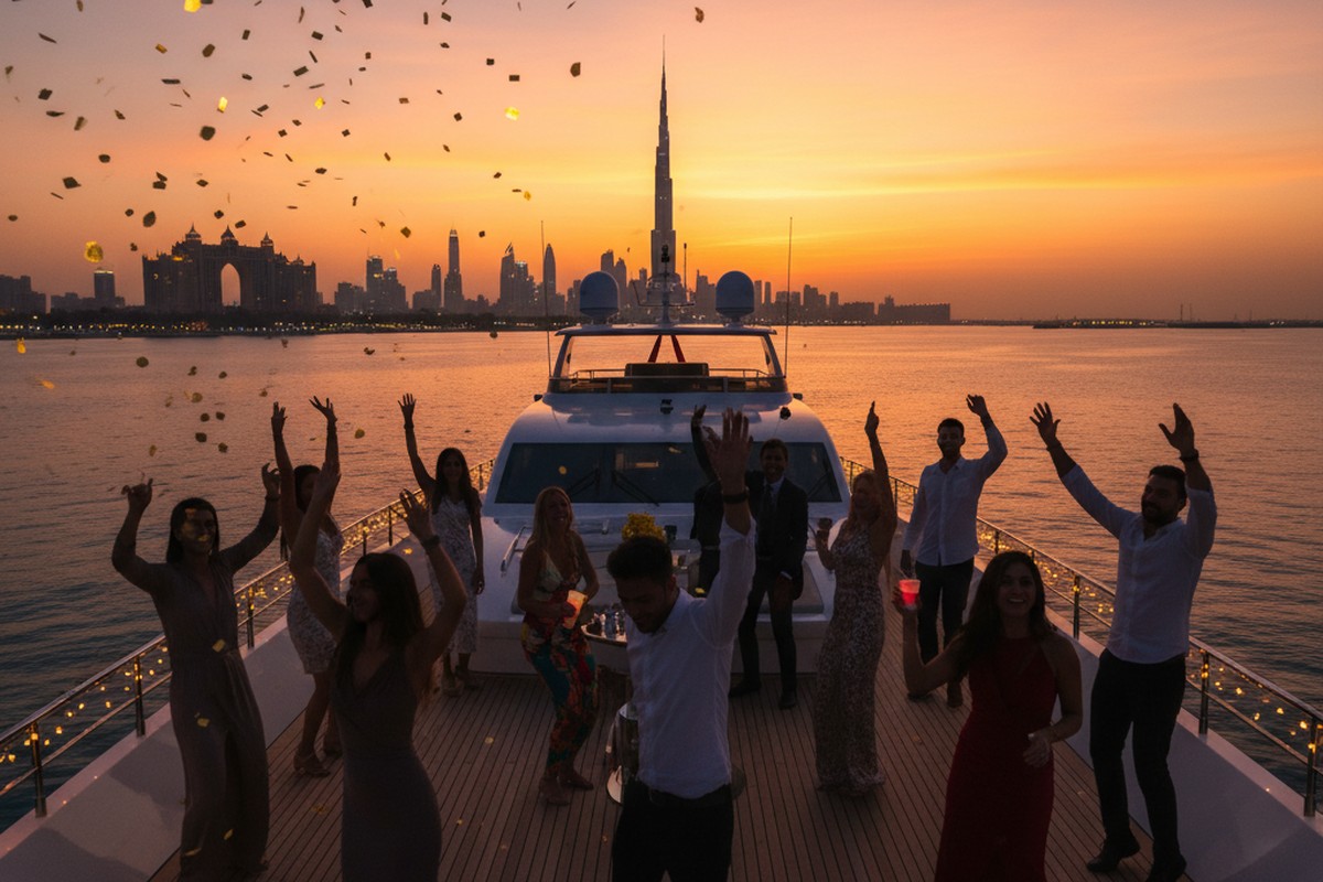 Sonnenuntergangs-Yachtparty mit tanzenden Gästen an Deck