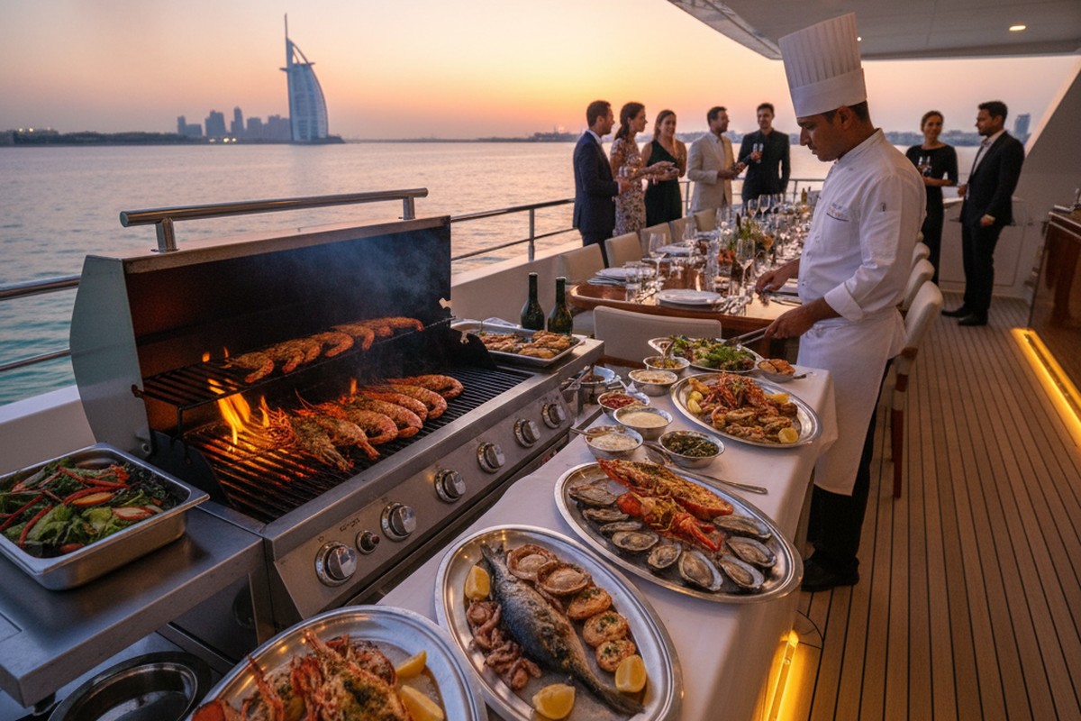 Frisches BBQ-Dinner wird an Deck einer Yacht zubereitet