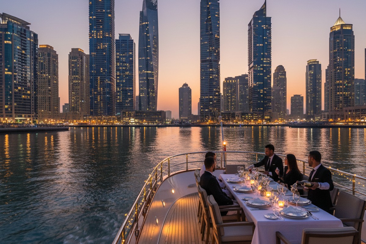 Yacht-Dinner-Kreuzfahrtroute entlang der Dubai Marina mit beleuchteter Skyline