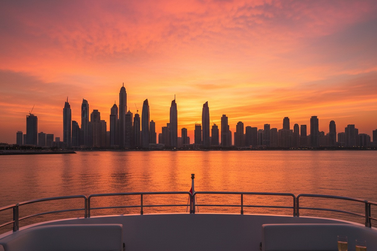 Atemberaubender Sonnenuntergangsblick von einer Yacht-Dinner-Kreuzfahrt in Dubai