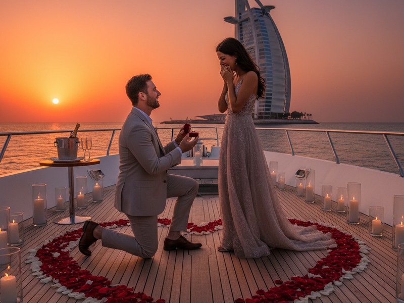 Romantic proposal cruise Dubai sunset yacht engagement