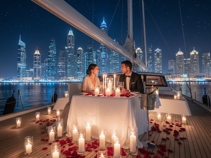 Jubiläums-Candlelight-Dinner auf der Yacht mit Blick auf die Skyline von Dubai Marina
