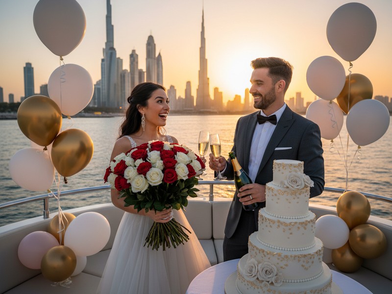 Romantische Geburtstagsüberraschungsfeier auf der Yacht mit Kuchen und Ballons
