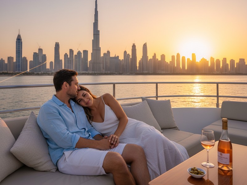 Lässiges romantisches Yacht-Date mit Paar, das Sonnenuntergang und Dubai-Skyline genießt