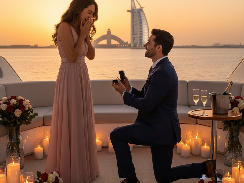 Heiratsantrag auf dem Yachtdeck bei Sonnenuntergang in der Nähe von Burj Al Arab Dubai