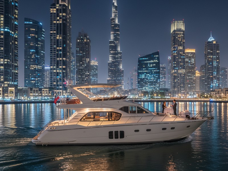Nacht-Yachtfahrt durch den Dubai Canal mit beleuchteter Skyline