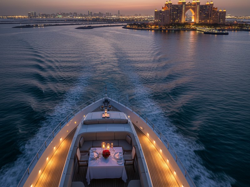 Abendliche Yachtfahrt entlang Palm Jumeirah mit Blick auf Atlantis