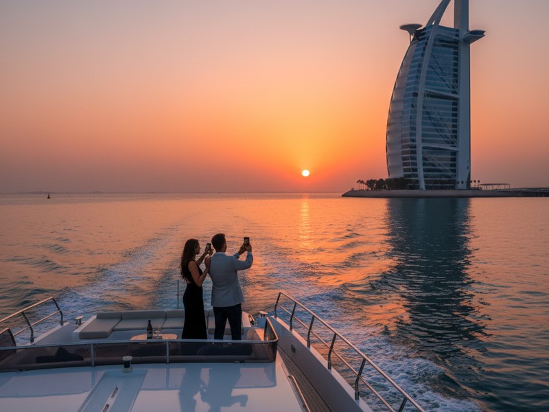 Sonnenuntergangs-Yachtfahrtroute nähert sich dem Burj Al Arab Hotel Dubai
