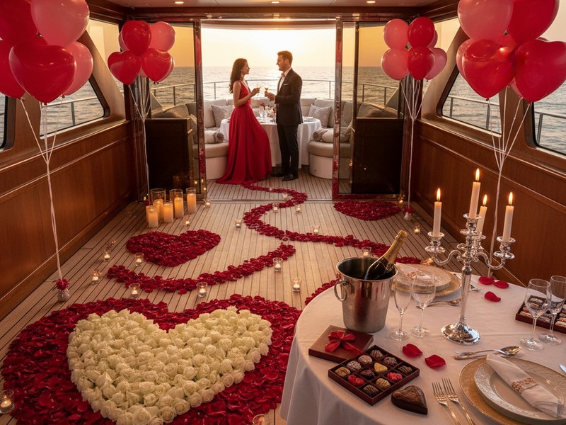 Valentinstag romantisches Yacht-Dinner-Setup mit Rosen und Kerzen