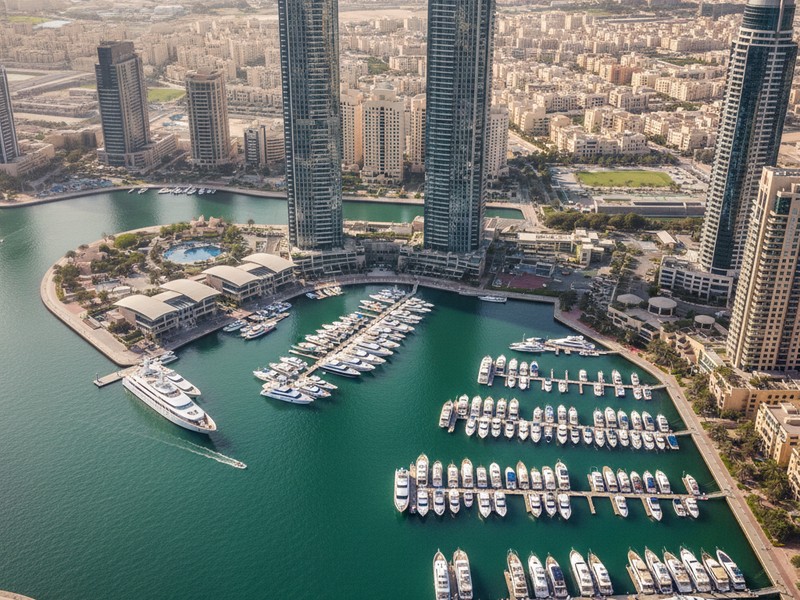 Dubai Marina central location with yacht berths and skyscrapers