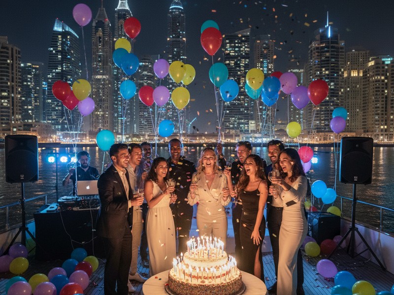 Birthday party yacht Dubai - balloons cake DJ decorations celebration