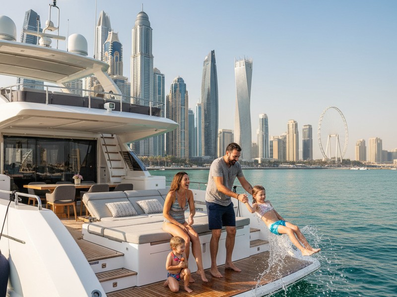 Private family yacht cruise Dubai - swimming relaxing skyline views
