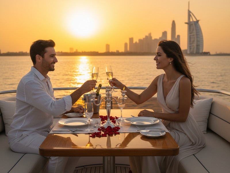 Romantic sunset yacht cruise Dubai - couples proposal dinner candlelit