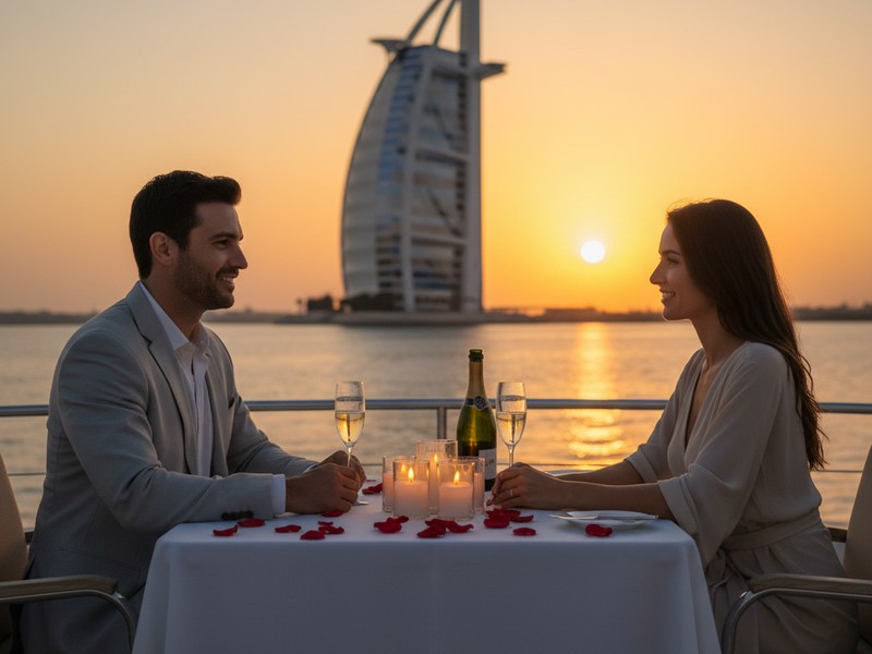 Luxury yacht sunset cruise Dubai — private romantic charter Burj Al Arab views