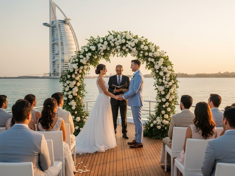 Luxury yacht wedding Dubai — private ceremony superyacht Majesty charter Palm Jumeirah