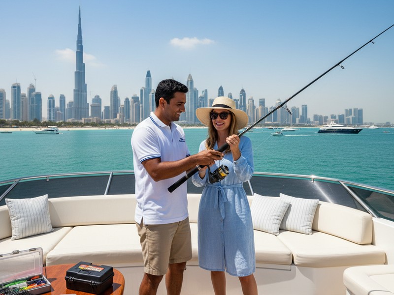 Fishing crew teaching guest Dubai charter