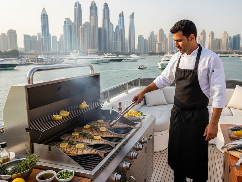Live BBQ grilling fresh catch on Dubai yacht
