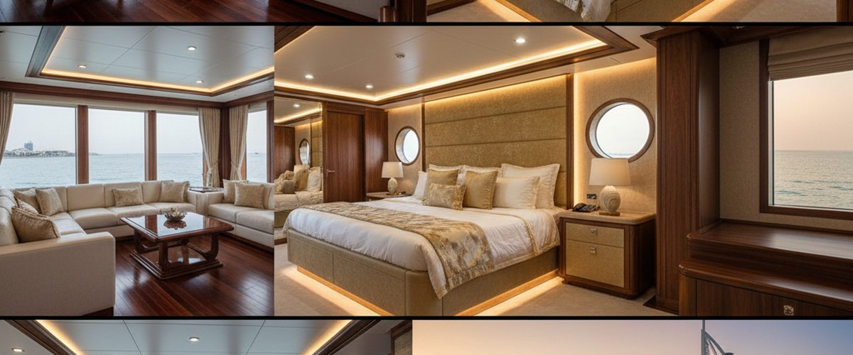 Luxury yacht interior Dubai — Riva salon, Ferretti master cabin, Majesty jacuzzi deck collage