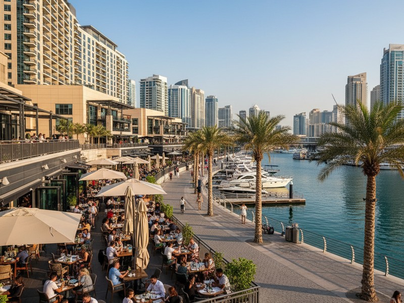 Dubai Marina Walk restaurants and cafes with waterfront views