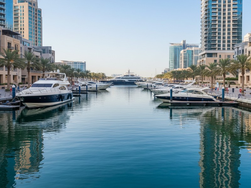 Calm sheltered waters of Dubai Marina canal with yachts