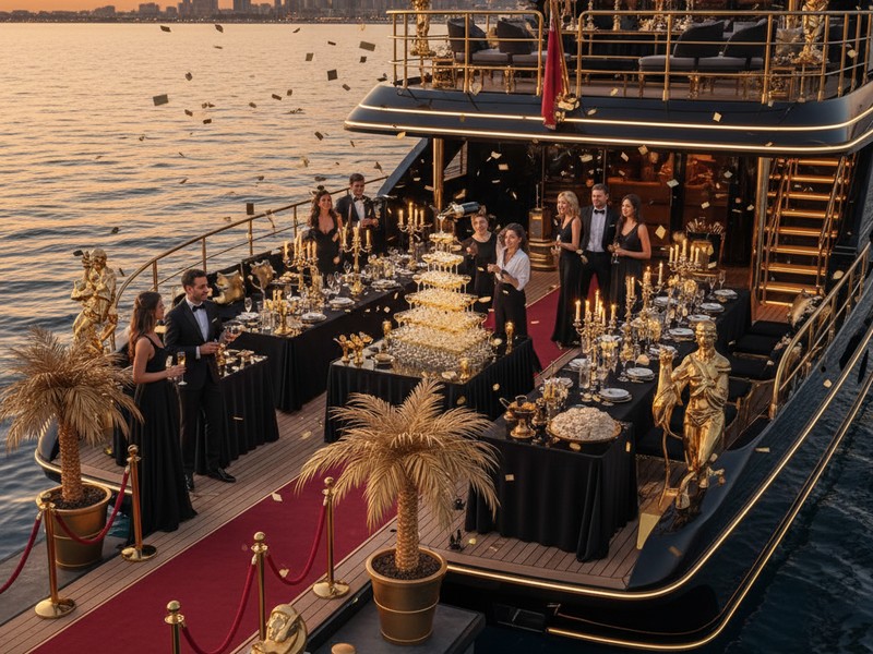 Fête en yacht VIP sur le thème du luxe or et noir