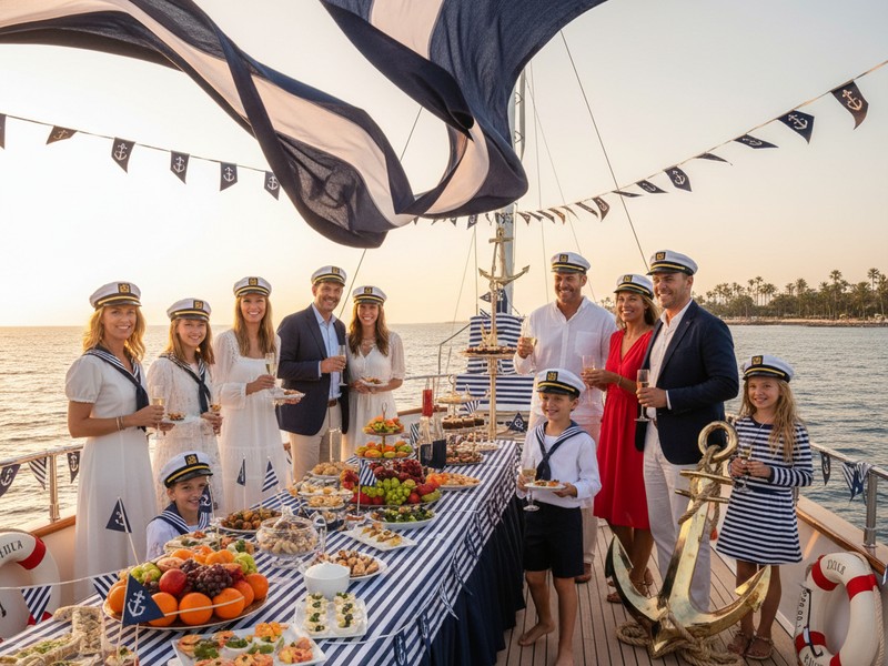 Fête en yacht sur le thème classique nautique avec décorations maritimes
