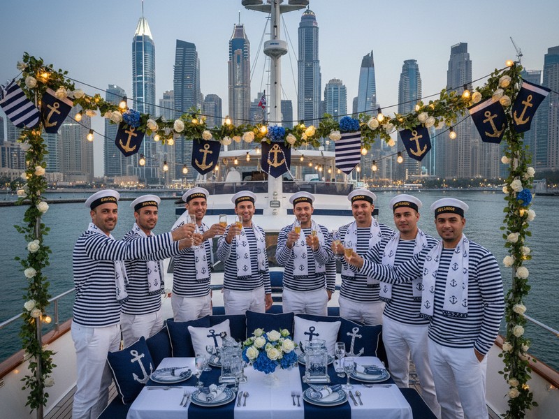 Nautisches Marineblau Weiß Motto Junggesellenabschied Yacht Dubai