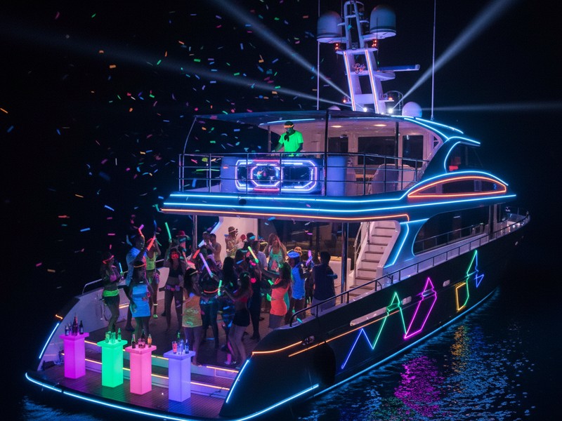 Fête en yacht sur le thème de la nuit néon lumineuse avec lumières UV