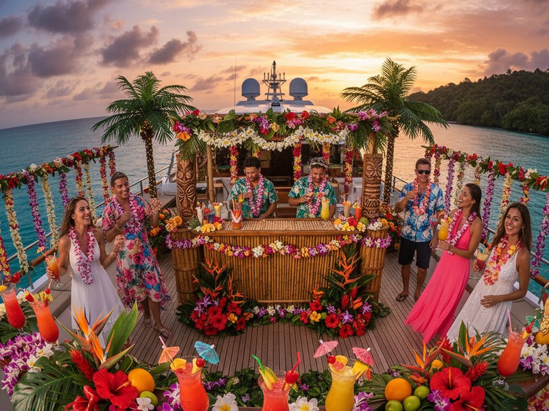 Fête en yacht sur le thème du paradis tropical avec décorations hawaïennes