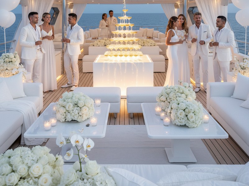 Célébration de fête en yacht sur le thème de l'élégance tout en blanc