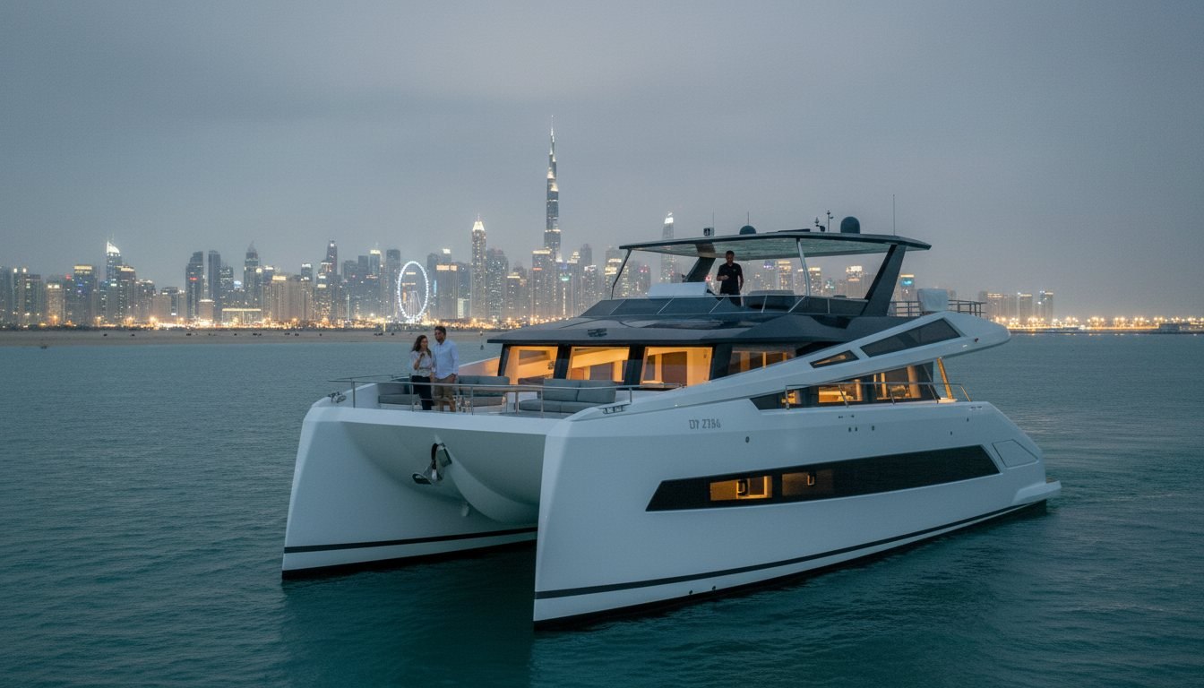 Anchored motor yacht glowing with warm deck lights against the night skyline