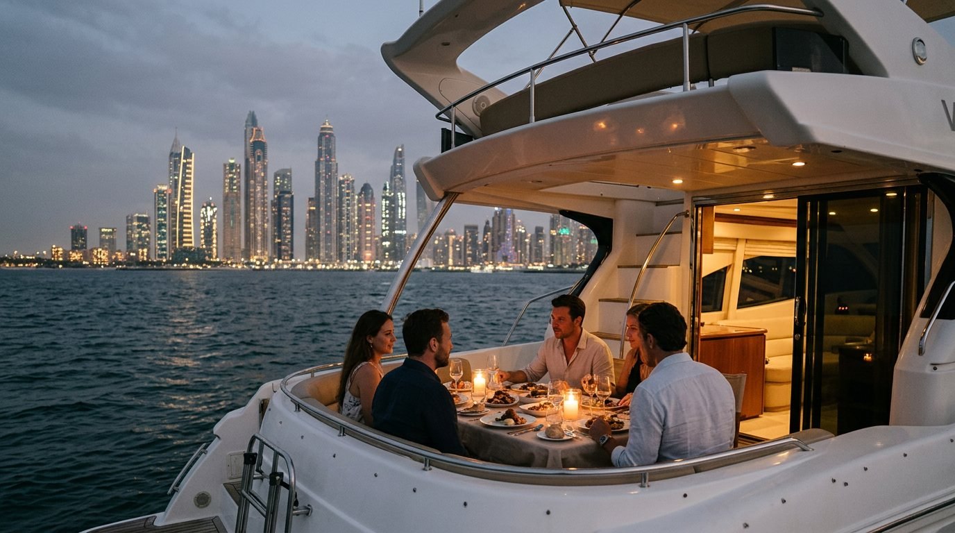 Candlelit dinner arrangement on a yacht deck with Dubai Marina towers illuminated