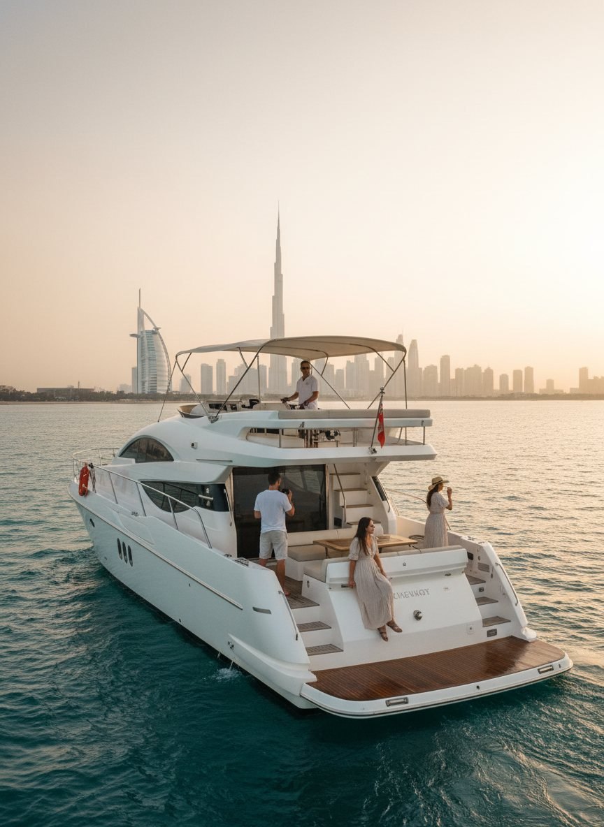Captain steering the boat while guests relax on the deck at twilight