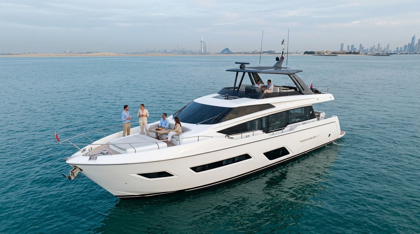 Colleagues gathered on a spacious yacht deck against the Dubai city backdrop