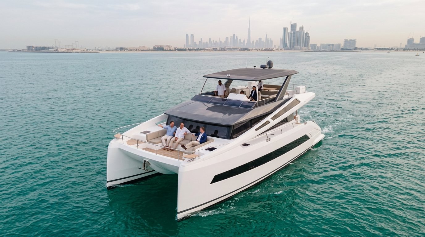Corporate group mingling on a yacht deck along the scenic Dubai coast
