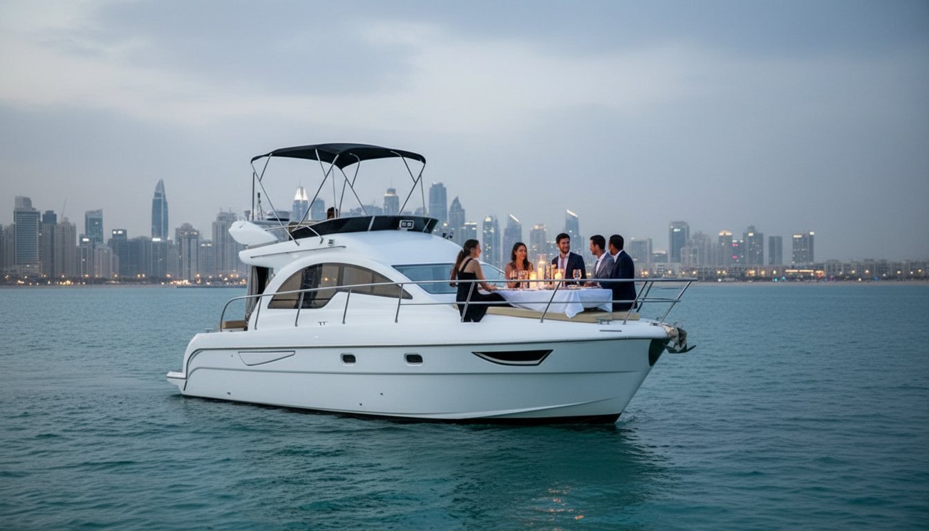 Dinner table prepared on an aft deck facing glowing Dubai Marina architecture
