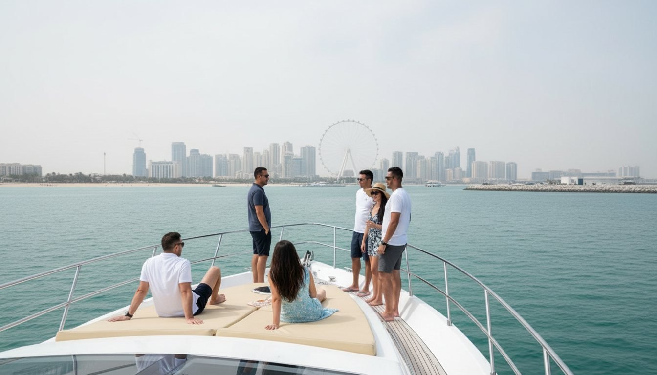 Dubai Marina waterfront skyscrapers and moored boats on a clear sunny day