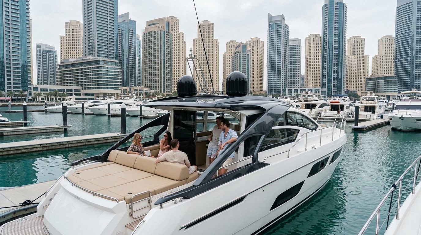 Dubai Marina waterfront skyscrapers and moored boats on a clear sunny day